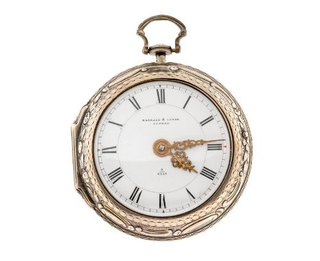 A Georgian Barraud & Lunds London, pair cased pocket watch, white enamel dial, black Roman numerals, outer seconds track, fan