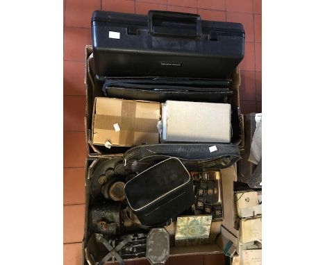 Two boxes of assorted sundries, to include a portable typewriter, purses, scales, drinking glasses etc (two boxes)