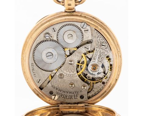 A 9ct gold Waltham open faced pocket watch, white enamel dial, black Roman numeral markers, outer seconds track, subsidiary d