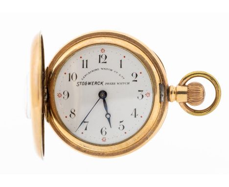 A gold plated ladies half hunter Stollwerk prize pocket watch by  Lancashire watch Co Ltd England, outer case with blue ename