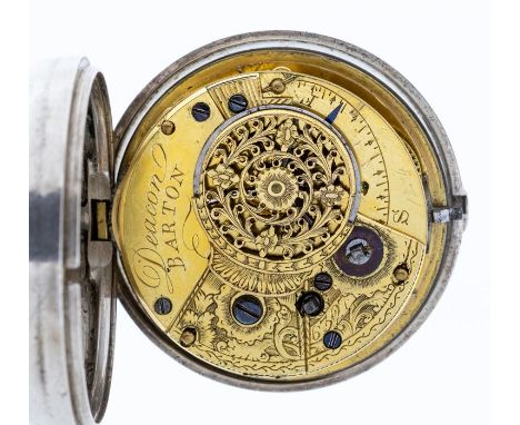 A Georgian silver pair cased pocket watch, the white enamel dial with letter markers Albert Baldock, approx 43mm, the case ap