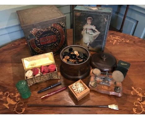 Vintage games, tins, pens and similar, to include a turned wooden lidded vessel containing black bakelite and phenolic gaming