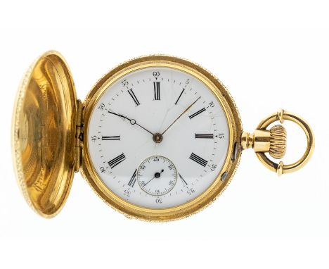 An early 20th Century gold plated ladies hunter pocket watch, white enamel dial, with Roman numerals, outer seconds track, su