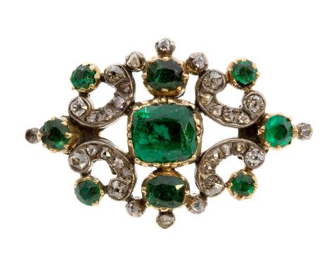 A Victorian diamond and emerald set brooch, comprising a cushion cut emerald set to the centre, size approx  5.5mm x 5mm, clo