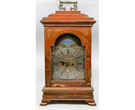 A George III bracket clock, William Jourdain, London circa 1760, the red lacquer case chinoiserie decorated with a Chinaman a