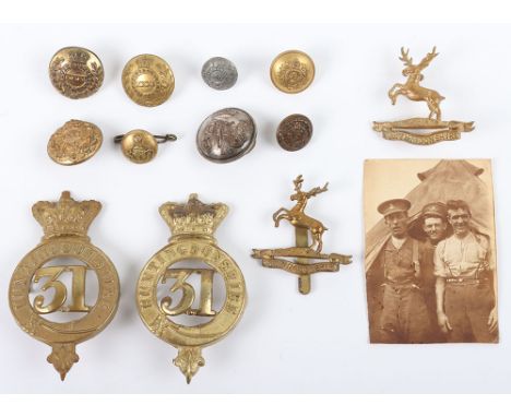 Grouping of Huntingdonshire Badges and Buttons, consisting of two Victorian glengarry badges to the 31st Foot, NCO’s and OR’s