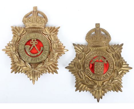 Post 1902 Royal Guernsey Light Infantry and Royal Jersey Light Infantry Other Ranks Helmet Plates, both being good universal 