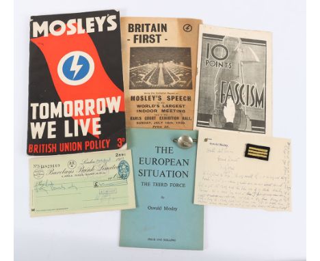 Oswald Mosley British Union of Fascists (B.U.F) Grouping, including an original Barclays Bank cheque signed by Mosley, dated 