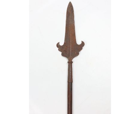 Decorative Victorian Partizan, iron head with open socket etched with scrolling foliage, on its wooden pole.  Good condition,