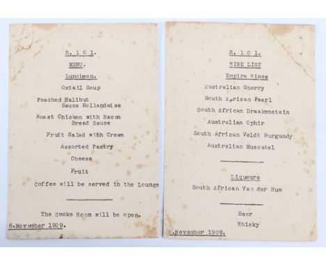 2x Airship R.101 Menu Cards, dated 6 November 1929 for Luncheon and Wine List, hand typed.  Prepared for the Conference on Do