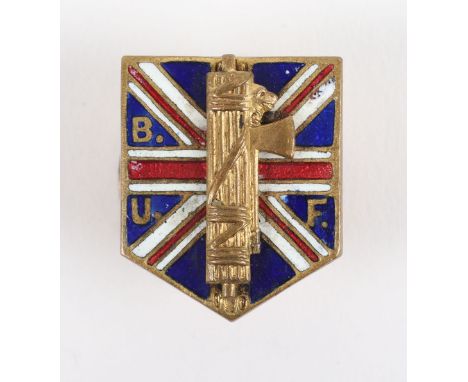 British Union of Fascists (B.U.F) Members Lapel Badge, gilt brass example with enamel Union Jack and gilt Fasces with letteri