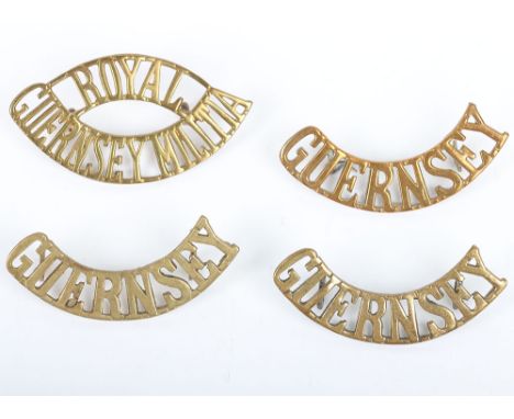 Guernsey Militia and Guernsey Light Infantry Shoulder Titles, consisting of 3x brass ‘GUERNSEY’ and brass oval ‘ROYAL GUERNSE
