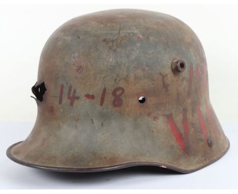 WW1 War Art German M-16 Steel Helmet Shell, good untouched battle damaged M-16 helmet shell with remains of the field grey pa