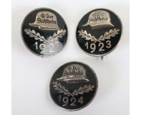 3x Stahlhelmbund Membership Badges, 1923, 1924 and 1927, 1924 example marked with silver content “935”. Silver construction w