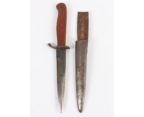 WW1 German Trench Knife, with two piece wooden slab grips, short steel cross guard and housed in steel scabbard with a replac