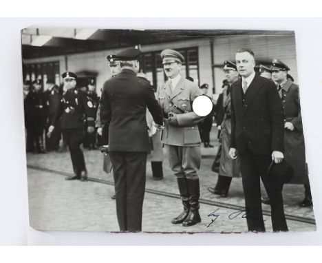 Third Reich Adolf Hitler Inked Signed Photograph, black and white image of Adolf Hitler with his SS guard meeting with an off