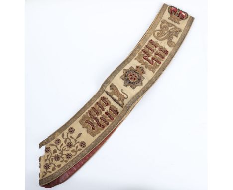 Victorian Hampshire Regiment Drum Majors Sash, fine example of a white cloth sash being heavily embroidered with Victorian cr