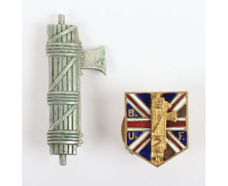 British Union of Fascists (B.U.F) Members Lapel Badge, gilt brass example with enamel Union Jack and gilt Fasces with letteri