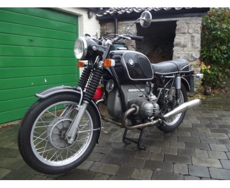 A 1970 BMW R75/5, registration number XAX 673J, black. This BMW was restored by a previous owner who was a BMW mechanic (now 