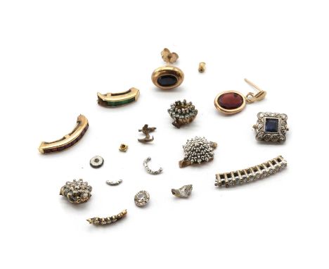 A collection of gem set collets,to include a gold ring fragment with a row of table cut rubies, tested as approximately 9ct g