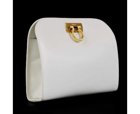 A Salvatore Ferragamo 'off white' leather clutch bag,with detachable gold tone chain strap, gold tone Gancini lock, the inter