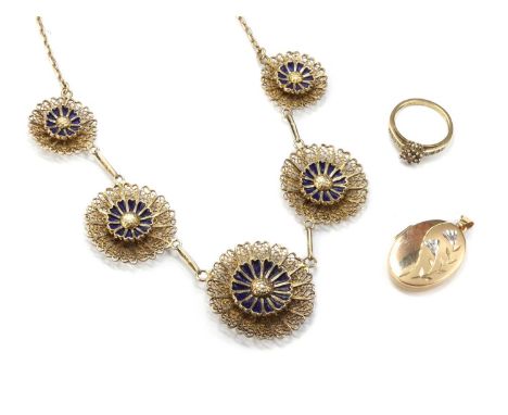 A collection of jewellery, comprising a 9ct gold diamond daisy cluster ring, Birmingham 2004, 2.08g, a 9ct gold oval locket, 