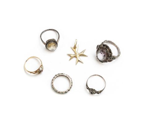 A collection of gold and silver jewellery,comprising a gold ruby and split pearl memorial ring, with a glazed locket to the u