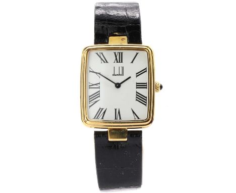 A silver gilt Dunhill quartz strap watch,a rectangular case, 28 x 32mm, with a white enamel dial and black Roman numerals, to