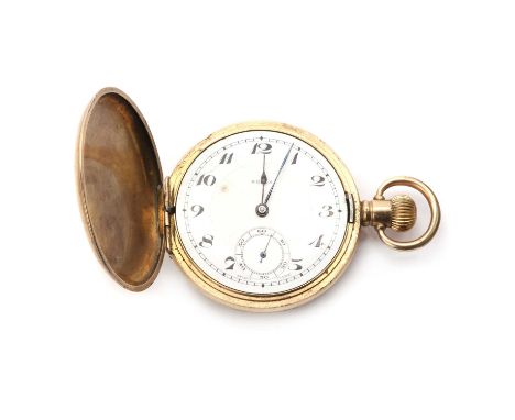 A rolled gold Rolex side wind hunter pocket watch, 51mm diameter, with a white enamel dial signed Rolex, black Roman numerals