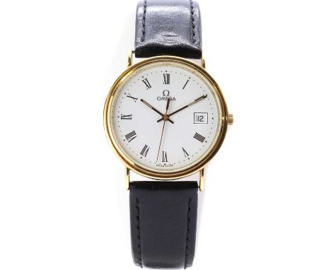 A gentlemen's 18ct gold Omega 'De Ville Jubilee' quartz strap watch, 32.5mm diameter, with a white enamel dial, black Roman n