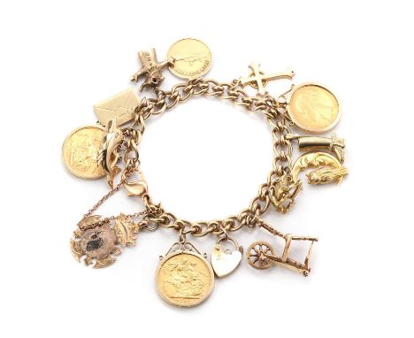 A gold charm bracelet, a 9ct gold fancy curb link bracelet with side lever clasp and safety chain, Birmingham, suspending a q