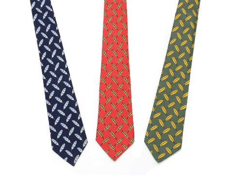 Three Hermès silk ties, Feathers,dark blue ground with white/ blue feathers, green with yellow/ green feathers, red with grey