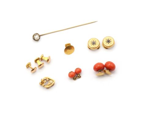 A collection of gentlemen's jewellery, comprising a pair of coral bouton dress studs, a French gold lapel stud or button, wit