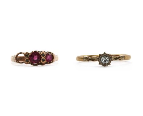 Two gold rings,comprising a gold single stone diamond ring, tested as approximately 18ct gold, 2.67g, and a 9ct gold garnet a