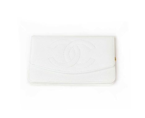 A Chanel white leather wallet,CC logo to the front, press stud closure, interior with zip pocket and sections for notes and c