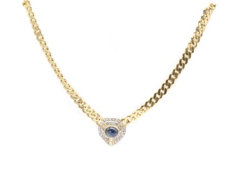 A gold sapphire and diamond necklace, a shield shaped pendant, with an oval cabochon sapphire rub set at the centre, to pierc