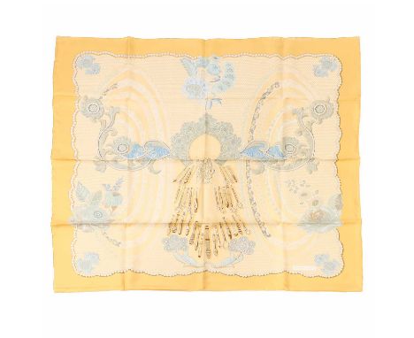 An Hermes Scarf, Doigts de Fee,by Cathy Latham, 2000, gold border with cream ground, craft tool design, with Hermes scarf boo