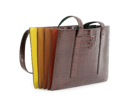 A Paul Smith crocodile embossed brown leather concertina bag,dual flat handles, opening to interior zip pocket, with dust bag