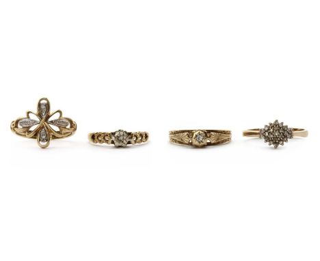 Four 9ct gold rings,comprising a 9ct gold diamond lozenge shaped cluster ring, common control mark, a 9ct gold single stone d