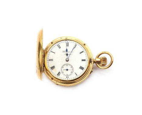 An 18ct gold J W Benson pin set half hunter fob watch, 40mm diameter, with a blue enamel Roman numeral chapter to the front c