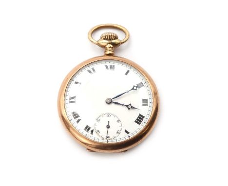 A 9ct gold top wind open faced pocket watch,48mm diameter, with a white enamel dial, black Roman numerals, blued hands and a 