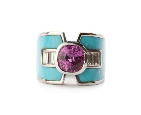 A white gold pink sapphire, diamond and turquoise ring, by Binder-Moerisch,a cushion shaped pink sapphire, with a stated weig