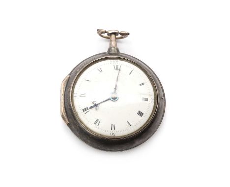 A George III sterling silver pair cased verge fusee pocket watch, 53mm diameter, with a white enamel dial and black Roman num
