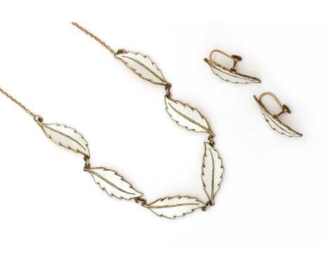 A Norwegian silver gilt enamel necklace and earrings suite, by Bernard Meldahl, the necklace composed of white enamel foliate