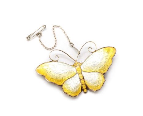 A Norwegian silver gilt enamel butterfly brooch, by David Andersen,yellow and silver guilloché enamel, to a silver roller cat