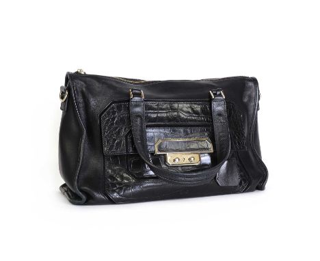 An Anya Hindmarch black leather handbag,with crocodile embossed detailing to the front pocket, dual flat handles, rear zip po