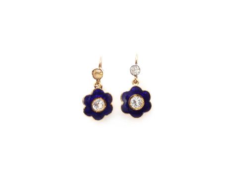 A pair of gold white sapphire and enamel drop earrings, a round mixed cut white sapphire spitch set to the centre of a hexafo