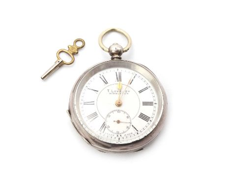 A silver key wound open faced pocket watch, 55mm diameter, with a white enamel dial signed T. Lovejoy Wimbledon, black Roman 