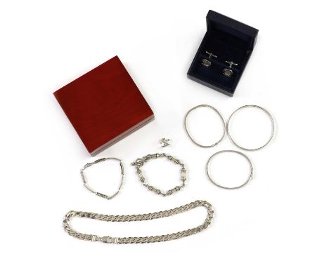 A collection of silver jewellery, to include a gentlemen's silver curb link chain, a silver cylindrical link bracelet, three 