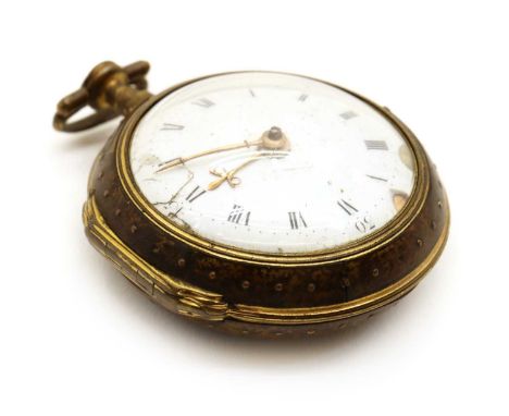 A George III gilt metal and tortoiseshell pair cased verge fusee pocket watch, 47mm diameter, with a white enamel dial and bl